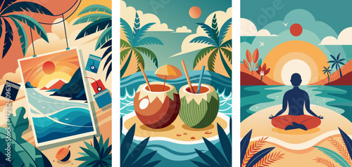 Polaroid-style photos clipped to a string, Fresh coconuts with straws, Yoga or meditation pose on the beach