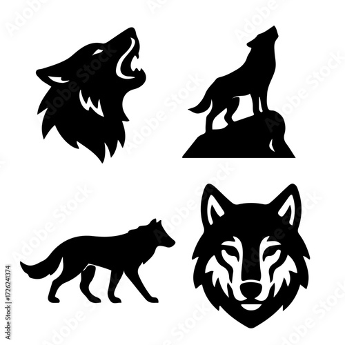 Wolf icon set black and white outline vector