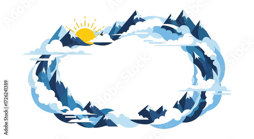 An illustration of a circular mountain range landscape with a bright sun shining above, surrounded by clouds and snow.
