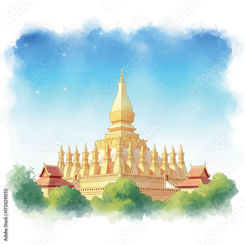 Watercolor illustration of Pha That Luang, a golden Buddhist stupa in Vientiane, Laos, surrounded by trees under a blue sky.