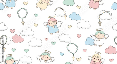 Seamless pattern featuring cute cartoon angels with halos, rosaries, clouds, and hearts on a white background.