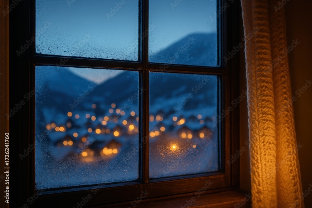 Fototapeta premium Snowy mountain village glows beyond frosted window cozy lights in tranquil winter dusk