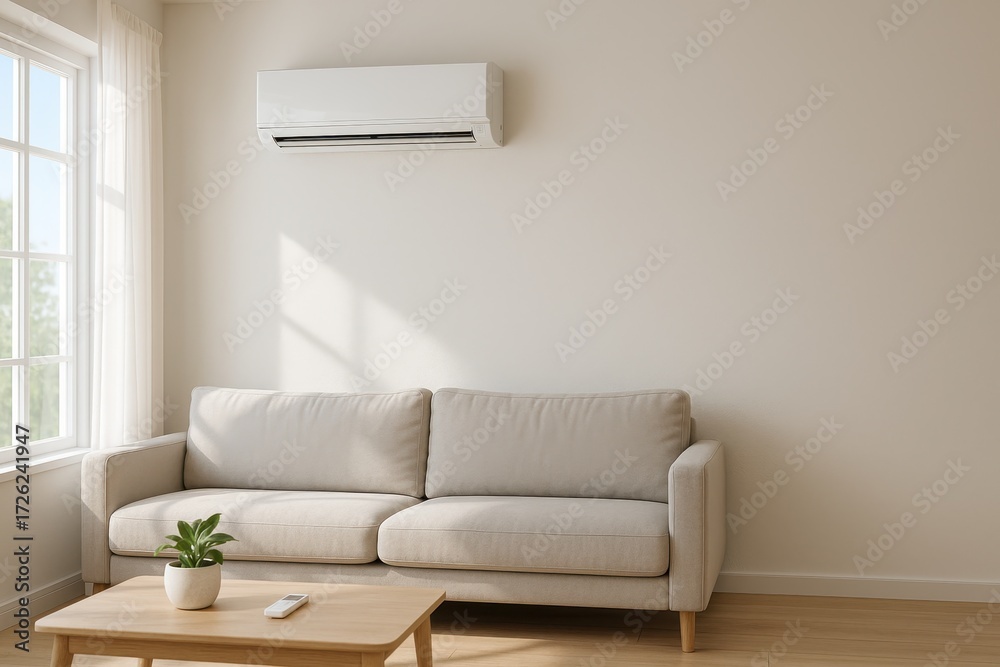 Fototapeta premium Modern wall mounted air conditioner cooling a bright living room with clean minimal style
