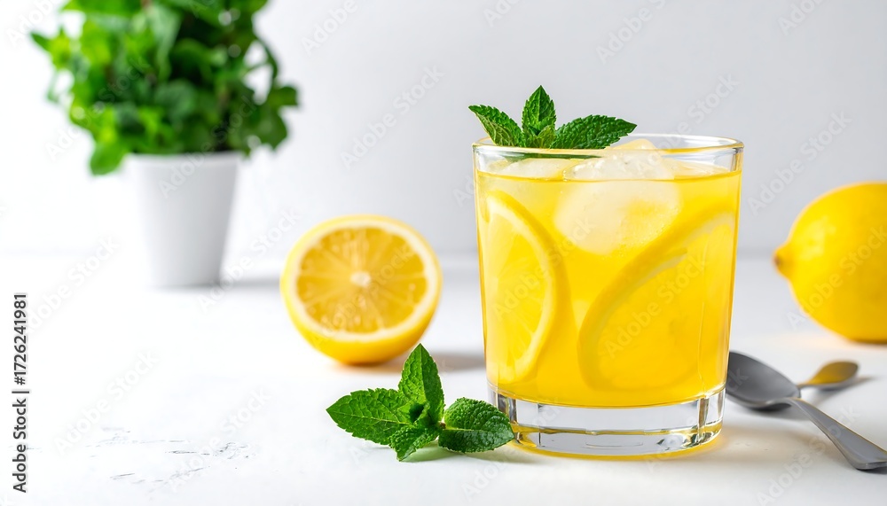 Fototapeta premium Refreshing yellow citrus beverage in a glass with ice and mint garnish