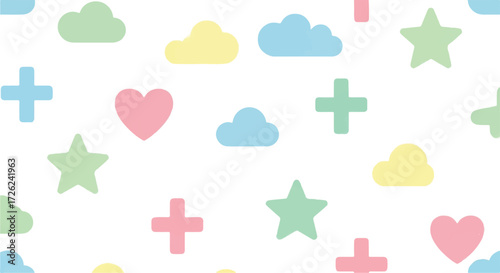 Pastel-colored repeating pattern of clouds, stars, hearts, and plus signs on a white background.