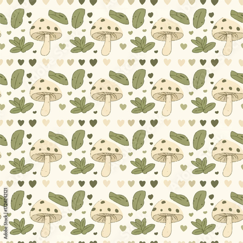 Mushroom and leaf repeating pattern on a light beige background with hearts.