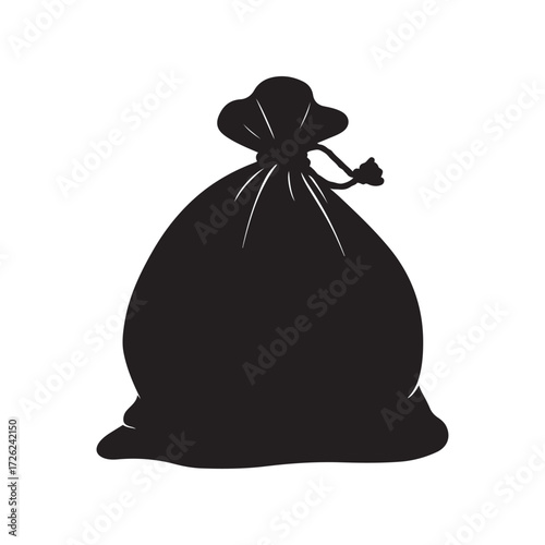 Black silhouette of a tied fabric bag, isolated on white backdrop