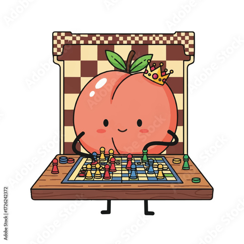A peach wearing a crown plays chess on a chessboard inside a wooden box.