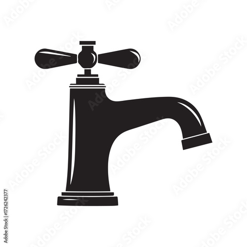 Black Silhouette of Classic Water Faucet with a Double Spoke Handle
