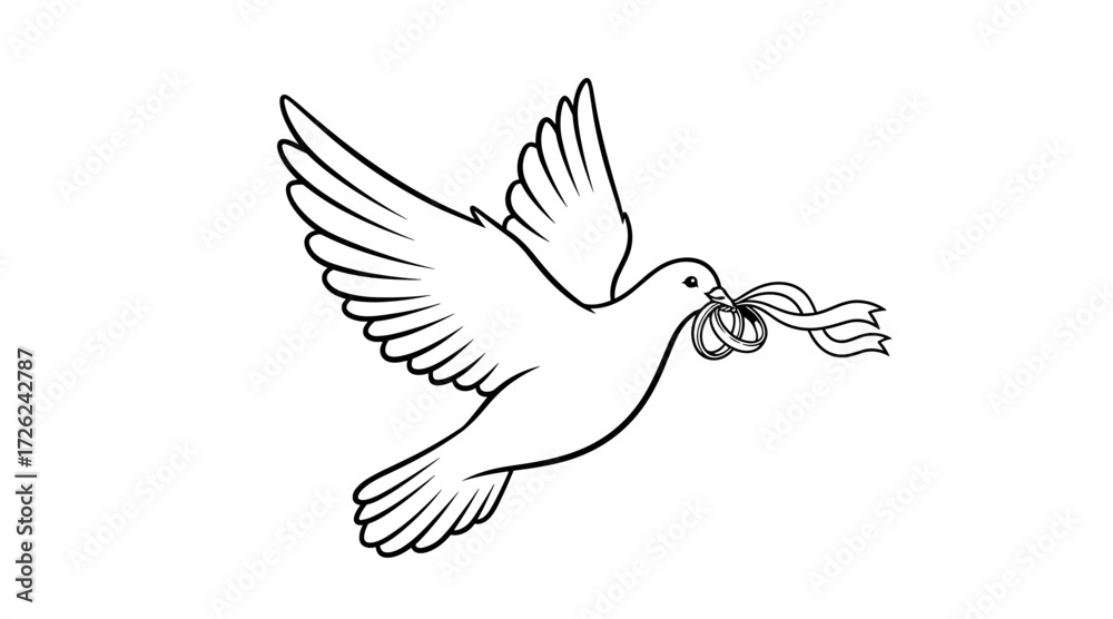 Obraz premium Flying dove carrying a flowing ribbon in its beak flat illustration