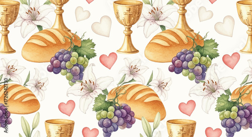 Seamless pattern featuring golden chalices, bread, grapes, lilies, and hearts on a white background, suggesting a religious theme.