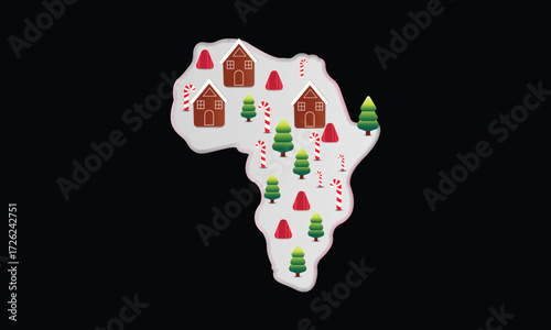 map decorated with Christmas trees, houses, and festive elements in winter holiday theme
