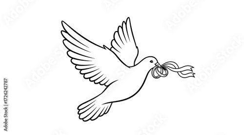 Flying dove carrying a flowing ribbon in its beak flat illustration