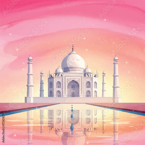 The Taj Mahal, a white marble mausoleum, reflected in tranquil water under a pink sky.
