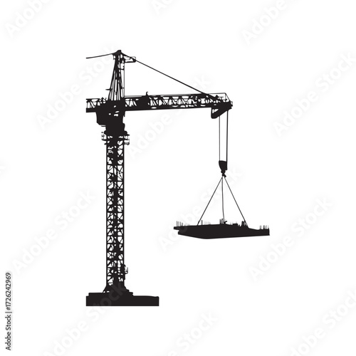 Crane Lifting Concrete Slab Silhouette Isolated on White Background