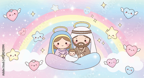 Adorable illustration depicts a cartoon Nativity scene with Mary, Joseph, and baby Jesus under a rainbow.