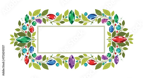 An ornate, oval-shaped frame design, embellished with gemstones and green leaves, surrounding a rectangular space.