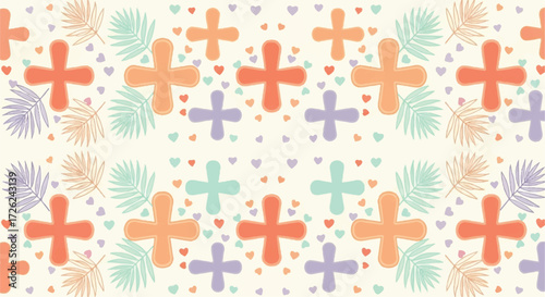 Repeating pattern of crosses, hearts, and leaves in pastel colors on a cream background.