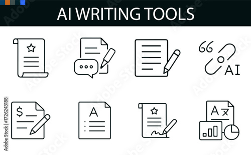 “AI Writing Tools Icon Set II: 8 Modular Black & White Glyphs for Editorial UI, Multilingual Branding & Genre-Specific Content Design”