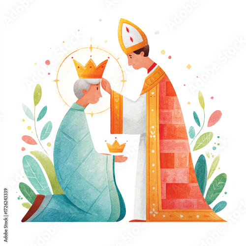 King coronation ceremony with a bishop crowning a kneeling monarch.