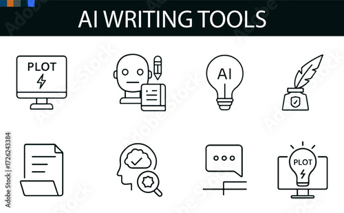 AI Writing Tools Icon Set – Vector Illustrations of Plot Generators, Idea Lightbulbs, Robots, Documents, and Human-AI Collaboration for Content Creation and Productivity Projects