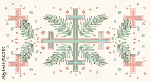 An artistic arrangement featuring crosses and palm fronds, with a light pastel color palette and a speckled background.