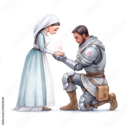 Knight kneeling before a woman in a medieval setting.