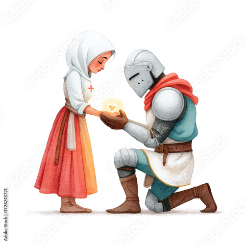 Knight Kneeling Before a Young Woman Offering a Golden Object.
