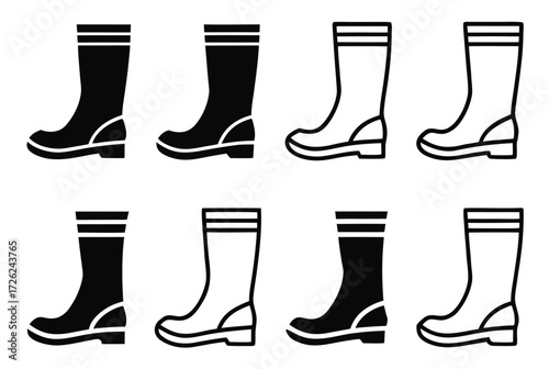 Wellies silhouette. This image shows black silhouette of wellies, also referred to as rubber boots or rain boots, symbolizing waterproof footwear. Vector clipart illustration design.