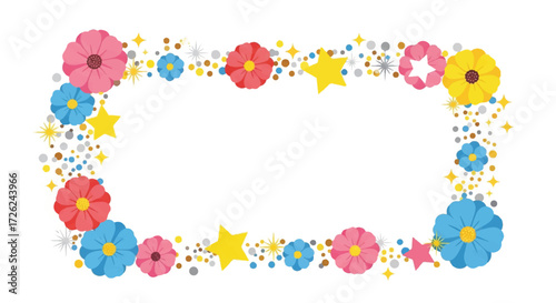 Rectangular frame adorned with colorful flowers, stars, and dots, creating a cheerful and decorative border on a white background.