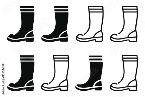 Wellies silhouette. This image shows black silhouette of wellies, also referred to as rubber boots or rain boots, symbolizing waterproof footwear. Vector clipart illustration design.
