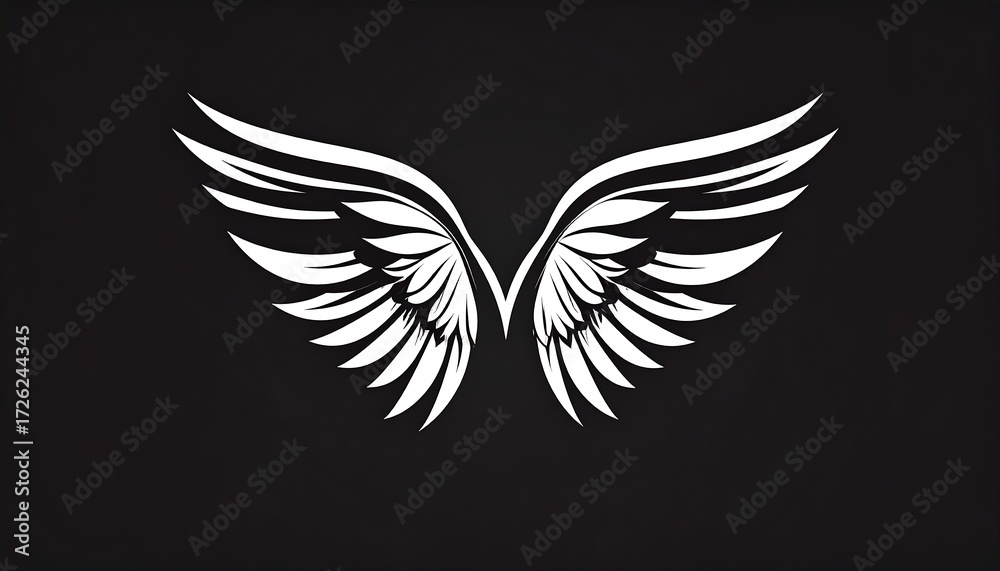 Fototapeta premium Stylized white wings on a black background, detailed feathers