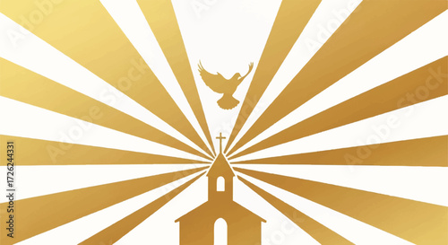 Golden rays radiate from a church, with a dove soaring above, symbolizing religious faith and hope.