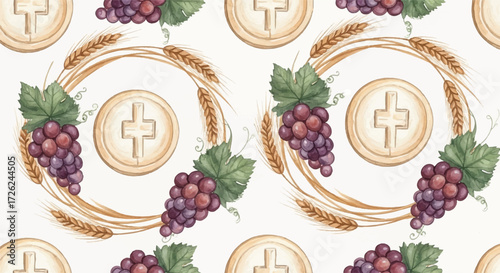 Religious pattern featuring Eucharist elements, wheat, and grapes.