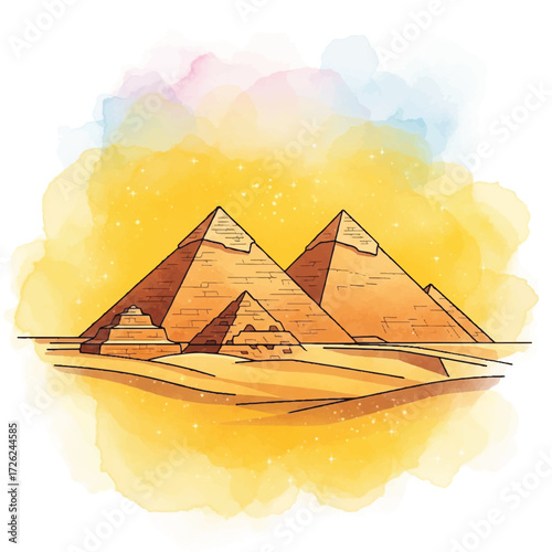 Artistic illustration of ancient Egyptian pyramids against a watercolor sky, desert scene.