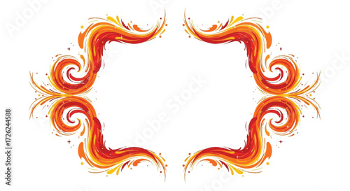 An abstract, decorative frame composed of swirling, fiery orange and yellow elements, creating a symmetrical design.