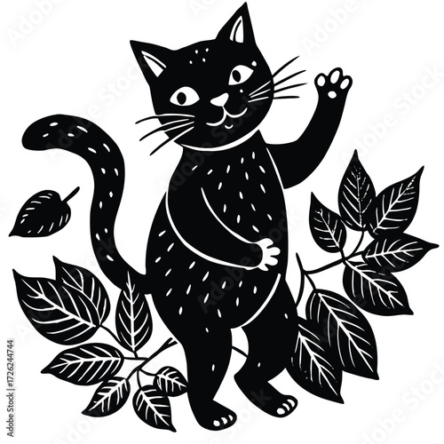 cartoon-cat-playing-in-leaves-illustration-on-whit.eps