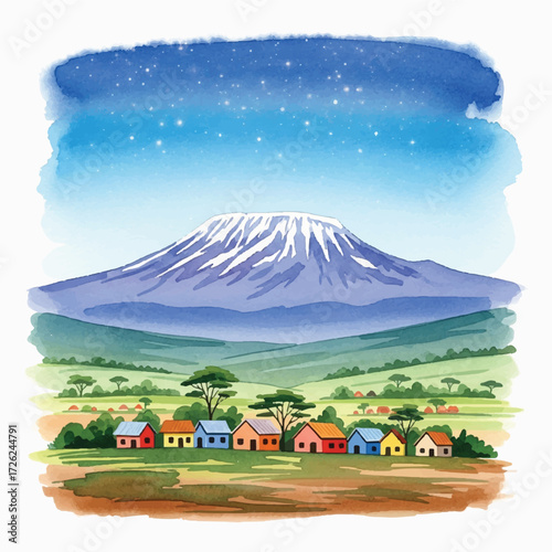 Watercolor illustration of Mount Kilimanjaro, a village, and starry night sky.