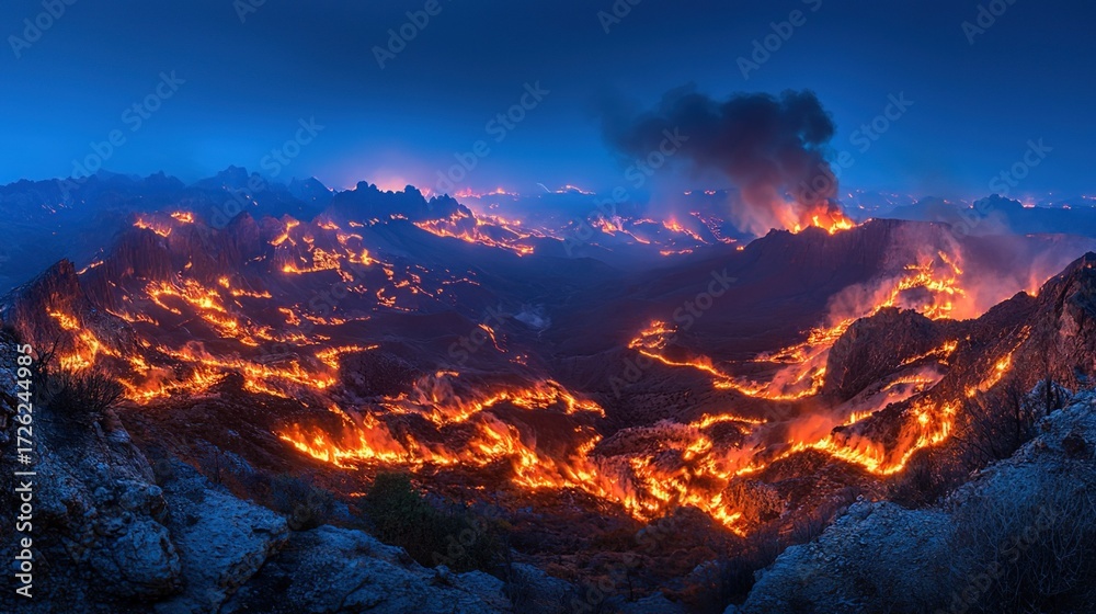 Fototapeta premium Vast Wildfire Scorching Mountainous Landscape at Dusk