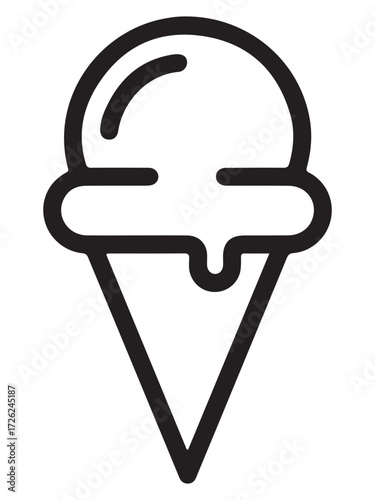 Outline of an ice cream cone with a single scoop silhouette isolated on white background