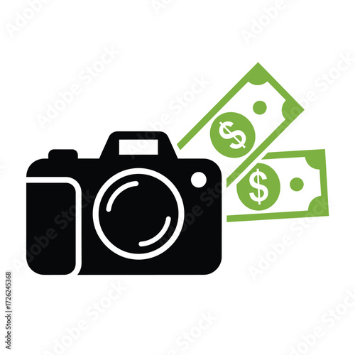 Camera and money symbolizing photography business and income
