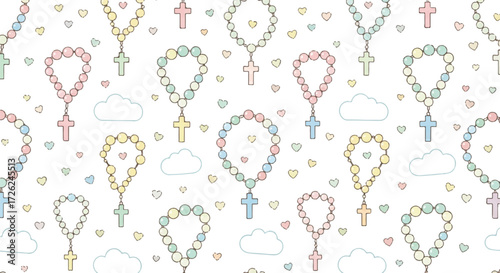 Pastel-colored rosaries with crosses and beads, scattered across a white background with hearts and clouds.