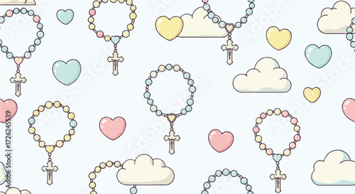 A repeating pattern featuring rosaries, hearts, and clouds in pastel colors, creating a soft, religious design.