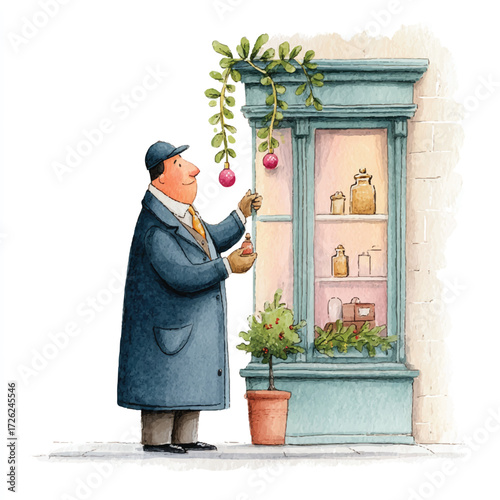 Man decorating a shop window for the holidays.