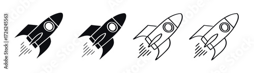 Vintage-style cartoon vector illustration of a space rocket launch icon set with a spaceship, shuttle, and missile 
