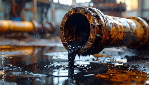 A rusted industrial pipe leaks thick black liquid onto a corroded wall and stained ground—decay etched into every surface. A metaphor for neglect and the choreography of consequence through toxic flow