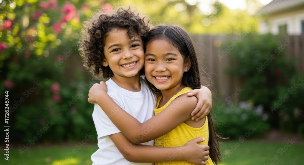Naklejka premium Joyful embrace between two children backyard garden portrait sunny day friendship