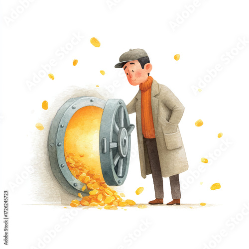 Man examining a large wheel with golden contents, curious and focused.