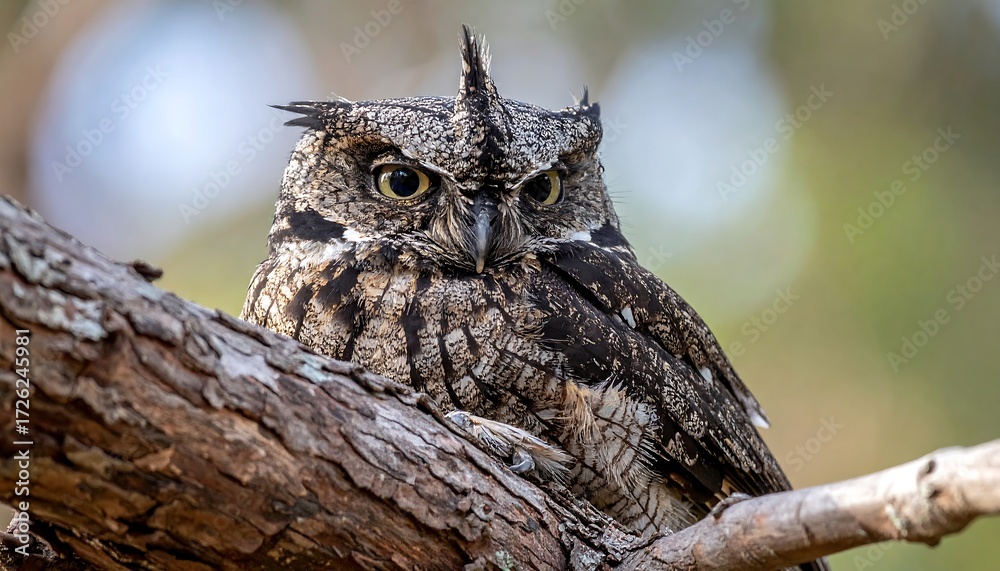 Obraz premium Close-up of a speckled owl perched on a tree branch, exhibiting intense gaze