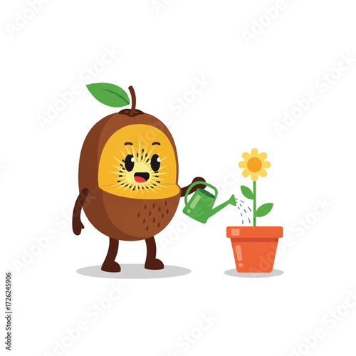 A cheerful kiwi fruit character is watering a blooming flower in a pot.